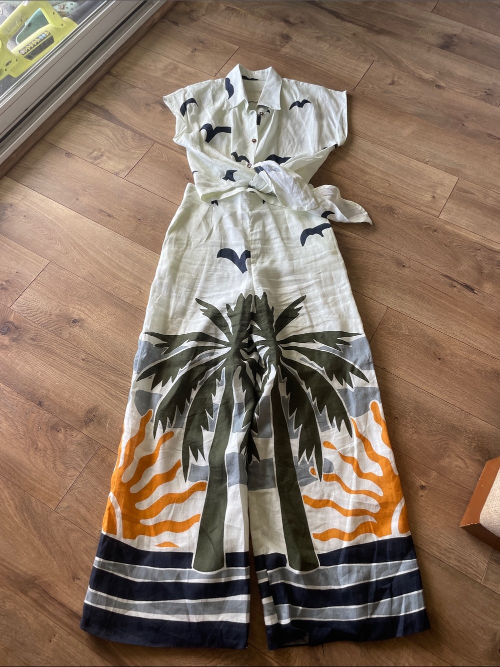 Tropical Palm Print Wide-Leg with separate top. White/Green/Orange